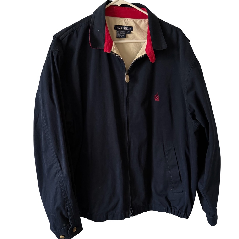 Nautica Men's Navy Bomber Jacket with Red Collar, very good condition!!